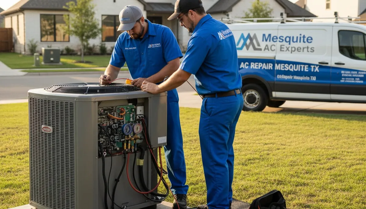 Professional AC repair technician servicing air conditioner in Dallas TX home