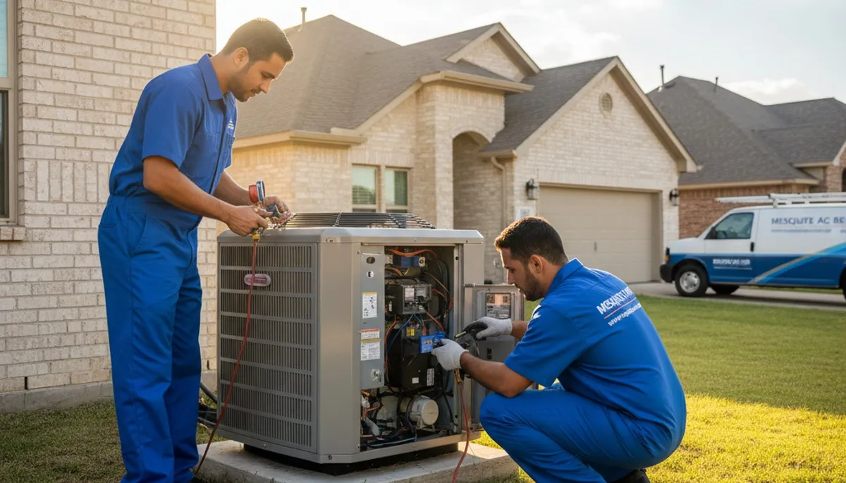 Professional AC repair technician servicing air conditioning unit in Dallas TX home
