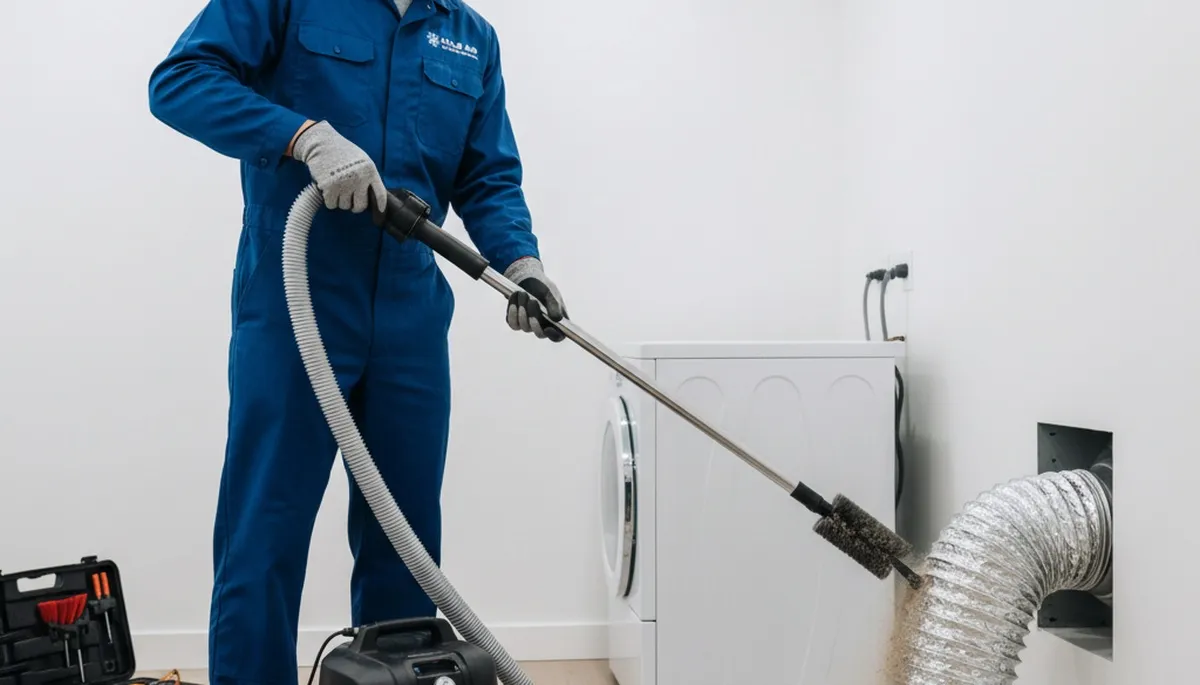 Technician performing professional dryer vent cleaning at a Dallas TX home for Five Star Cooling