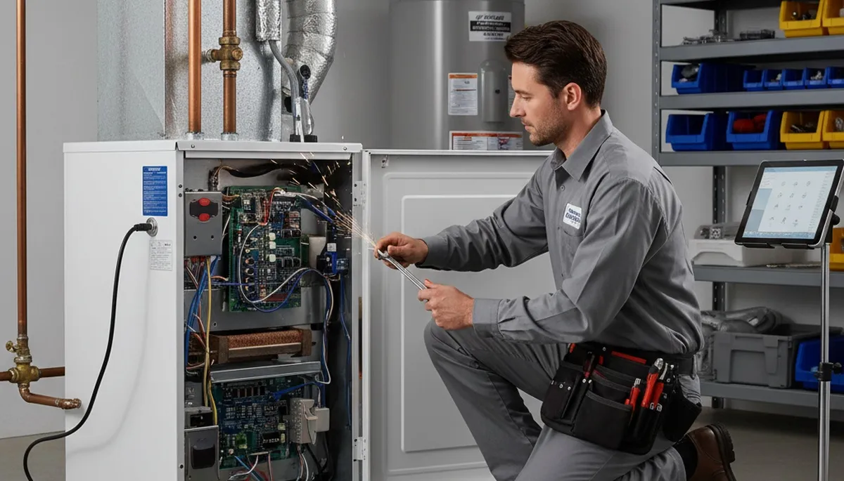 Technician performing furnace repair for residential heating system in Dallas TX
