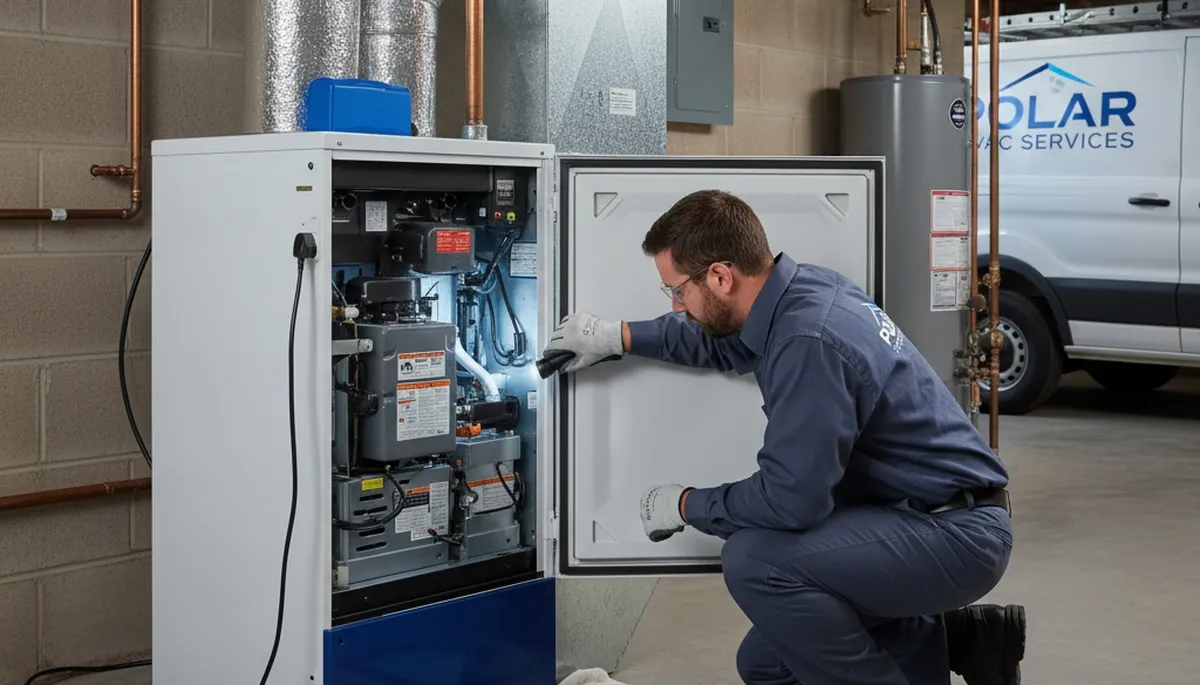 Technician performing furnace repair in Dallas TX home for Five Star Cooling heating service