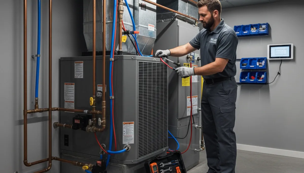 Plumber repairing water heater in Dallas, TX for Five Star Cooling plumbing services